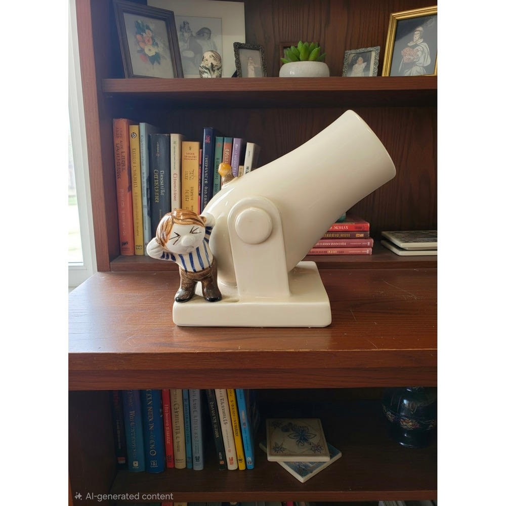 Fitz and Floyd Vintage Ceramic Cannon Boy Figurine Vase Cream Blue 6 Inch